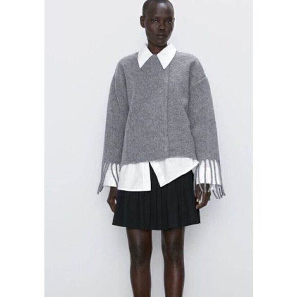 Zara Medium Knit Sweater Women Medium Wool Blend Fringe Long Sleeve gray Medium - Picture 1 of 10